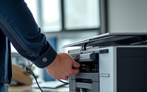 Setting up a new printer in an office, connecting it to the network.